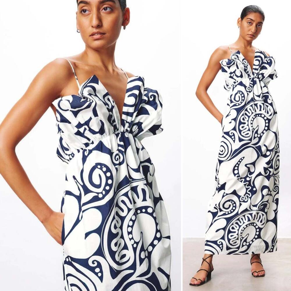 NWT Mara Hoffman Raquel Maxi‎ Strap Floral Dress White Navy V neck Size 2 - Picture 2 of 11